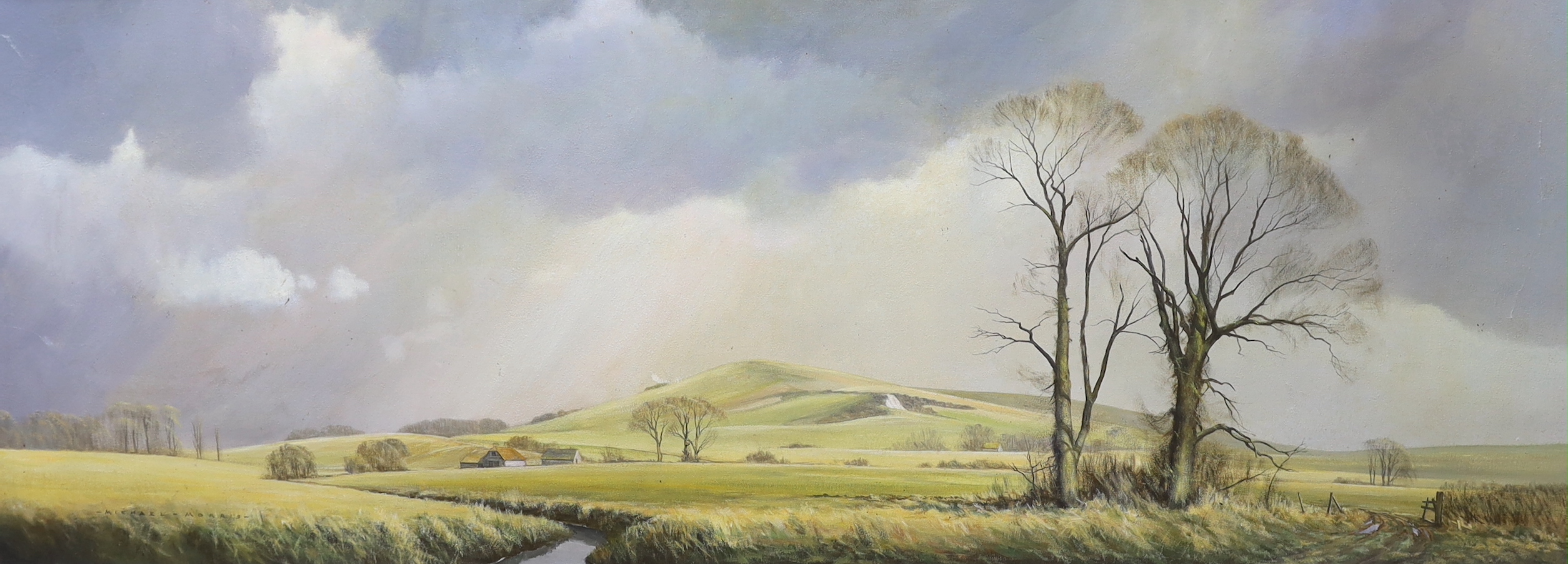 Michael Morris (1938-2010), oil on canvas, 'Wolstonbury Hill, Sussex', E. Stacy-Marks label verso, signed, 44 x 120cm